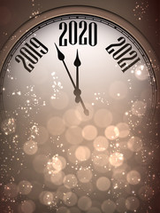 Obraz na płótnie Canvas Golden shiny Happy New Year 2020 card with clock and lights.