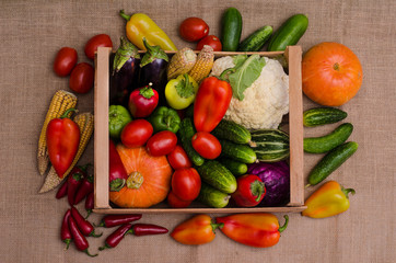 Autumn still life of vegetables in a wooden box for Thanksgiving. Harvest Festival.