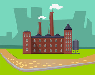Industrial enterprises vector, cityscapes and cities with factories. Smoke and fumes from pipes, industry development, manufacture old town structure. Urbanscape road Building of factory. Flat cartoon