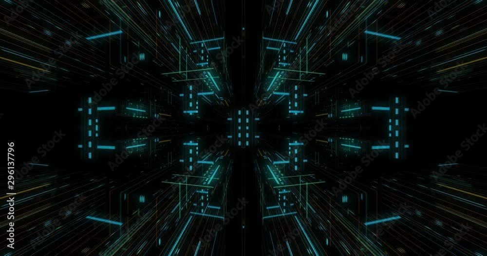 Poster seamless loop of abstract futuristic technological background, floating circuits, charts, digits ele
