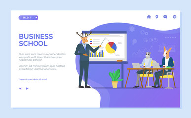 Business school vector, deer giving presentation to kangaroo, hipster animals at work, whiteboard with charts and information for tutoring. Website or webpage template, landing page flat style