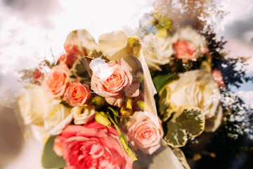 Wedding couple and a bouquet. Bride and groom silhouettes double exposure