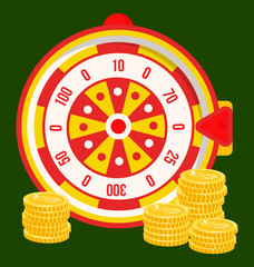 Gambling games, isolated roulette with bets and money amounts. Prize in casino, gamblers luck, fortune wheel with pointer and coins. Vector illustration in flat cartoon style