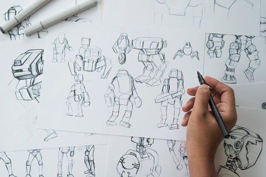 Animator designer Development designing drawing sketching development creating graphic pose characters sci-fi robot Cartoon illustration animation video game film production , animation design studio.