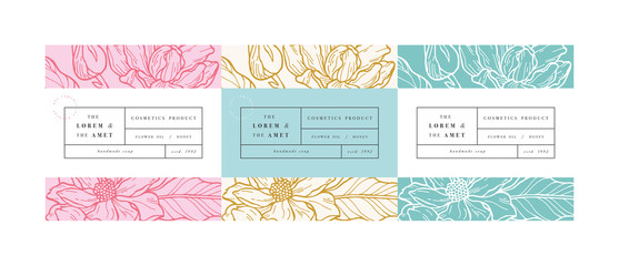 Vector set pattens for cosmetics with label template design. Patterns or wrapping paper for package and beauty salons. Magnolia .. Organic, natural cosmetic