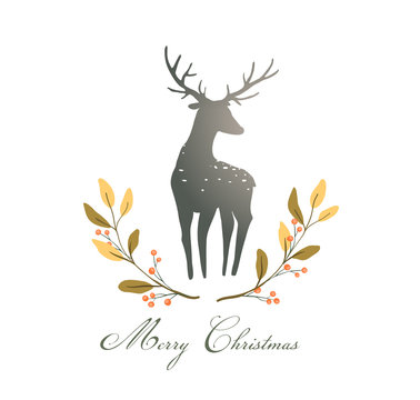 Deer or Reindeer silhouette romantic wreath with berries composition for logo Christmas or New Year.