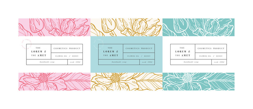 Vector set pattens for cosmetics with label template design. Patterns or wrapping paper for package and beauty salons. Magnolia .. Organic, natural cosmetic