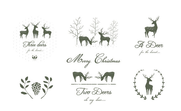 Reindeers or Deers silhouettes logo design collection with nature elements, fir trees, and floral laurel.