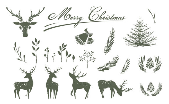 Holiday Christmas or New Year monochrome black and white silhouettes with deer, fir tree, pine, cone, and lettering.