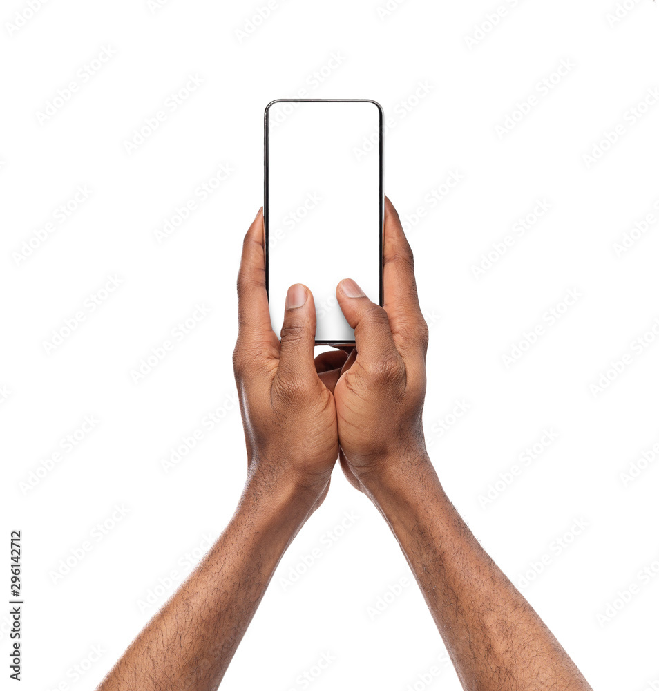 Poster black man's hands typing message on smartphone with blank screen