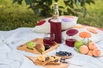 Cherry juice, sandwiches  and wicker picnic basket with food on  blanket. Summer picnic on grass in a park.
