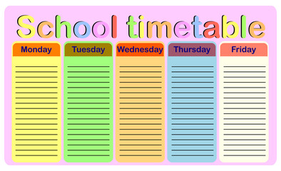 Template school timetable for students or pupils with days of week and free spaces