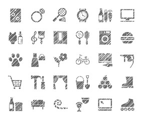 Stores, one-color flat icons, shading, vector. Different categories of goods. Imitation of pencil hatching. Gray icons on a white field.  