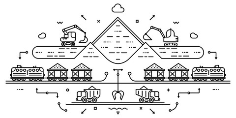 Global concept of extraction minerals, soil, sand, gravel. Extraction with excavator and transportation with dumper truck and freight train. Flat infographics. Linear illustration.