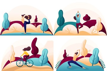 Set Flat 2D concepts doing yoga, pose, asana, Cycling outdoors in the Park. For Concept for web design