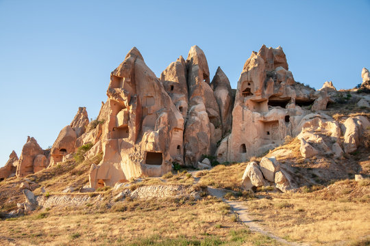 Rocks with cave houses at Göreme, Open air UNESCO world heritage site Museum in Cappadocia, Turkey
