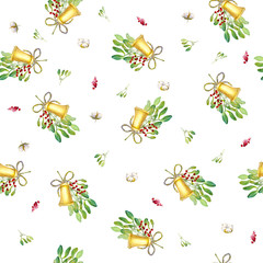 Seamless christmas pattern on a white background. Composition of bell and mistletoe branches, red berries, cotton bolls, rope bow.Great for wrapping paper, postcards, textiles and other designs.