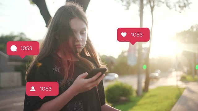 Portrait teenager use phone feel happy at sunlight walk vlogger influencer animation with user interface - likes, followers, comments for social media from smartphone slow motion