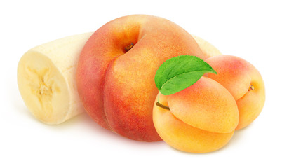 Naklejka na ściany i meble Composite image with whole and cutted fruits: banana, peach and apricot isolated on a white background.