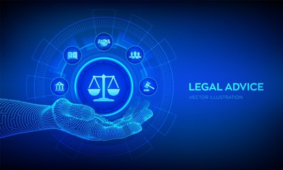 Labor law, Lawyer, Attorney at law, Legal advice concept on virtual screen. Internetlaw and cyberlaw as digital legal services or online lawyer advice. Law sign in robotic hand. Vector illustration.