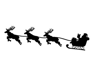 Silhouette Santa in sleigh and flying reindeers. Symbol Happy Merry Christmas. Vector illustration