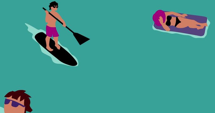 Animation of people in swimming pool or in sea enjoying, sunbathing and swimming. 