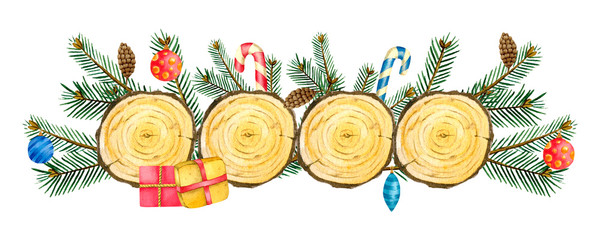 Watercolor new year banner made of wooden cuts, spruce branches, Christmas toys and gifts on a white background. For greeting cards and invitations.