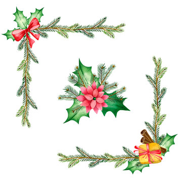 Watercolor frames, corners, compositions of pine branches, cones, leaves, bows, gifts for festive decoration of cards and invitations. Illustration on white background. Christmas and new year design.