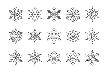 Snowflake set of black isolated vector icon silhouette on white background
