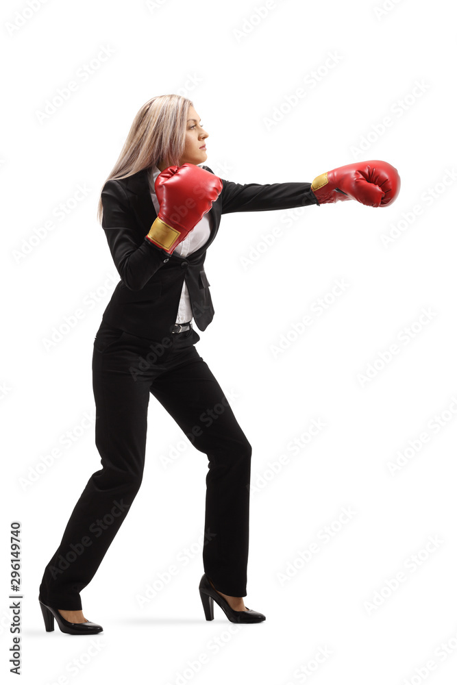 Poster Woman in a suit with boxing gloves punching