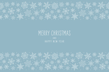 Christmas snowflake elements border card with greeting text seamless pattern blue background.