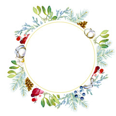decorative composition of christmas elements, in a round frame