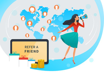 Vector illustration, referral marketing, refer a friend and earn money, loyalty reward program, young woman shout on megaphone, tablet with refer a friend inscription, business promotion, advertising