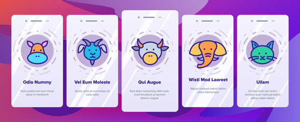 Animals Wild And Farm Onboarding Mobile App Page Screen Vector Thin Line. Bear And Rabbit, Pig And Cow, Elephant And Lion, Monkey And Horse Animals Concept Linear Pictograms. Illustrations