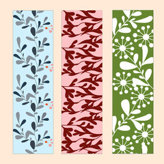 Set of bookmarks with floral ornaments. Flower pattern. Ornament of leaves.