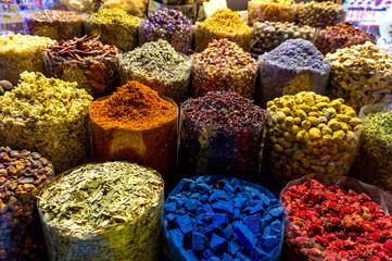 Colorful different spices in the spice market souk in old Dubai