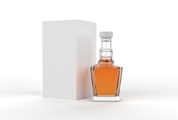 Whisky bottle with paper box packaging for branding. 3d render illustration.