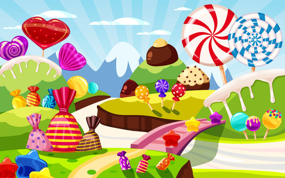 Sweet candy world fairy landscape, panorama. Sweets, candies caramel