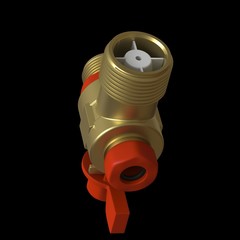 Water tap ball valve with red valve on a black background, isolate. 3D rendering of excellent quality in high resolution. It can be enlarged and used as a background or texture.
