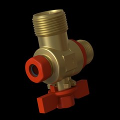 Water tap ball valve with red valve on a black background, isolate. 3D rendering of excellent quality in high resolution. It can be enlarged and used as a background or texture.