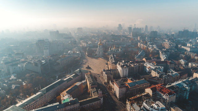 Sofievskaya Square and St. Sophia Cathedral in Kiev in the morning fog, Ukraine