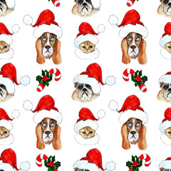 Watercolor hand drawn artistic colorful Christmas traditional vintage seamless pattern with pets in Santa hats