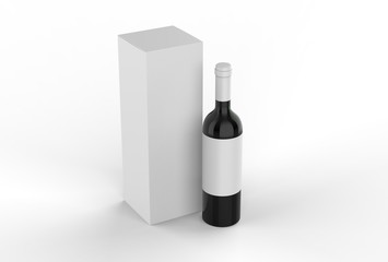Wine bottle with blank label and hang tag with paper box packaging for branding and mock up. 3d render illustration.