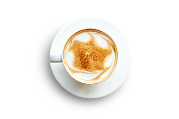 Top view. White mug of latte coffee isolated on white background. File contains with clipping path So easy to work.