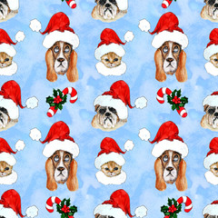 Watercolor hand drawn artistic colorful Christmas traditional vintage seamless pattern with pets in Santa hats