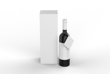 Wine bottle with blank label and hang tag with paper box packaging for branding and mock up. 3d render illustration.