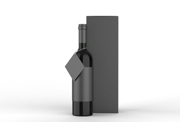 Wine bottle with blank label and hang tag with paper box packaging for branding and mock up. 3d render illustration.