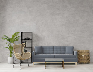 3D rendering Loft style living room with raw concrete ,wooden floor,big window empty wall for copy space