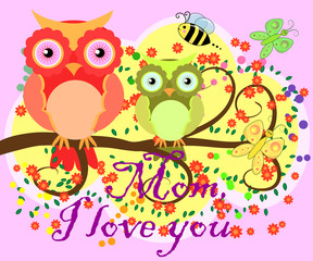 Fototapeta na wymiar Mother's day owl. Cute illustration of happy mother and kid owl