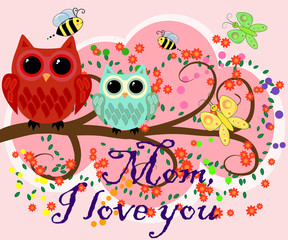 Mother's day owl. Cute illustration of happy mother and kid owl